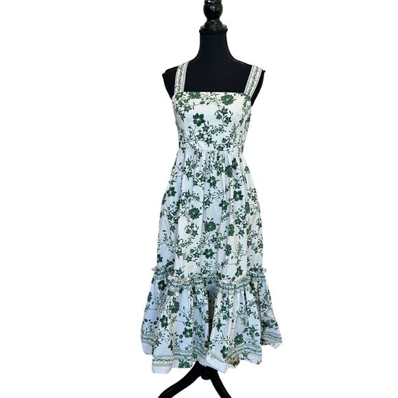 Cara Cara White Green Floral Midi Dress MEDIUM Ruffle Cottagecore Designer $525 - Picture 8 of 14